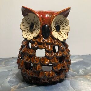 Ceramic Glazed Owl Tea Light/Votive Candle/Incense Holder 7 " Brown Red